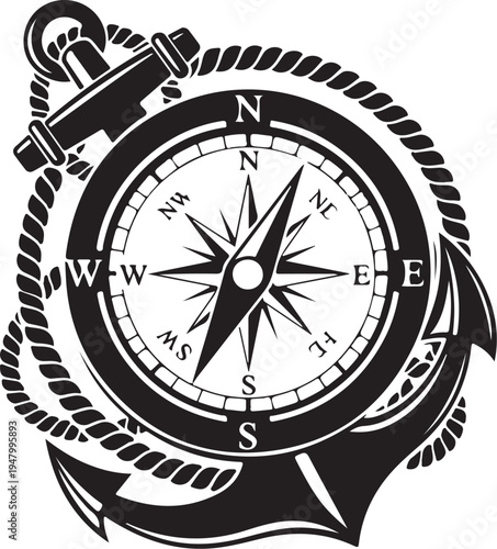 Black nautical compass icon with anchor and rope vector
