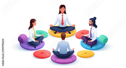 Diverse corporate leadership team practicing mindfulness and stress management to foster healthy workplace culture and employee mental wellness