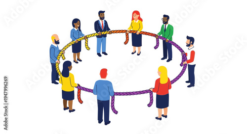 Diverse Professional Team Holding Multicolored Rope Symbolizing Cross-Functional Collaboration and Inclusivity for Strategic B2B Partnerships