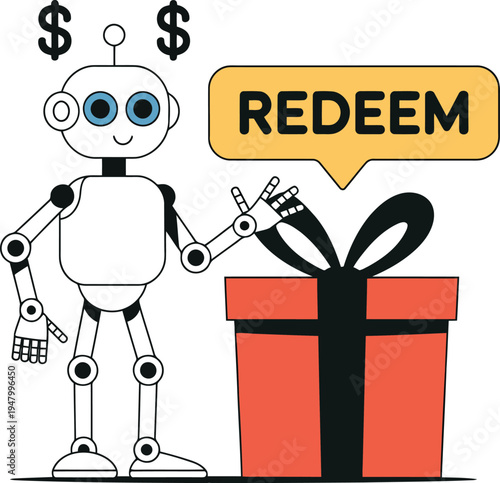A robot next to a gift box with a redeem speech bubble