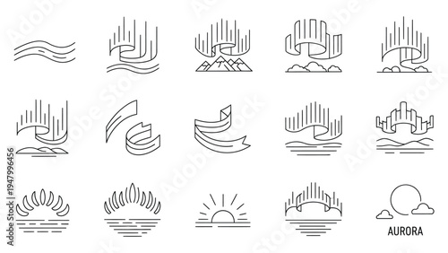 Aurora borealis line icon set featuring northern lights over mountains and sea landscapes