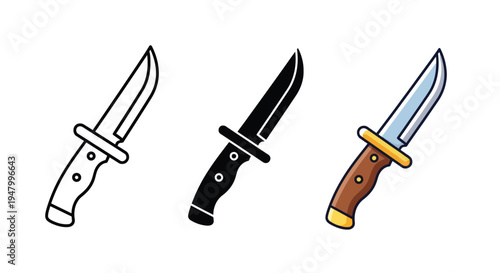 Collection of three stylized outdoor fixed blade hunting combat knife vector graphic illustrations showcasing different design variations