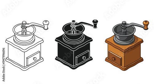 A set of vintage manual coffee grinder vector illustrations depicting outlines, black solid shapes, and a full-color design, perfect for kitchen or cafe themed graphic projects.