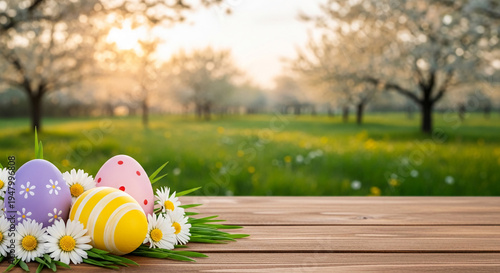 Three decorated egg with daisies on wooden surface, grass and blurred floral landscape background, symbolic for spring season, holiday, rebirth