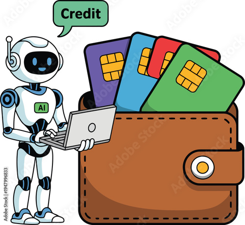 A robot holds a laptop and stands next to a wallet with credit cards