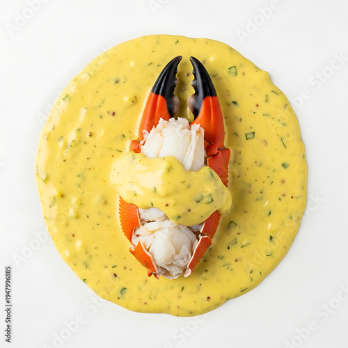 Succulent Cooked Crab Claw Served with Flavorful Golden Sauce on a White Plate