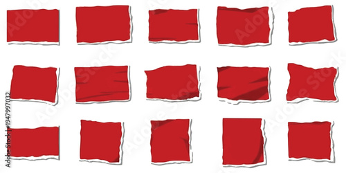 Set of isolated red torn paper pieces with ripped edges and shadow effect vector illustration collection
