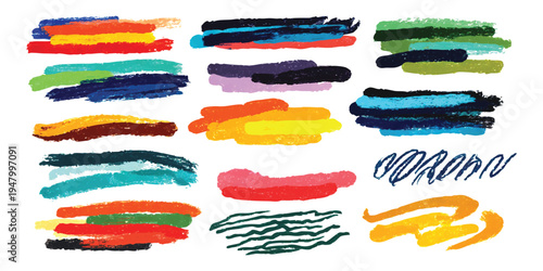 Collection of vibrant textured crayon strokes and hand-drawn chalk marks isolated on white background for artistic design vector illustration