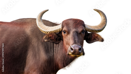 Foto Isolated water buffalo headshot with majestic curved horns looking directly at c