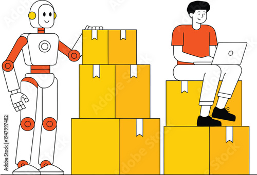 A robot and a man sitting on boxes with a laptop