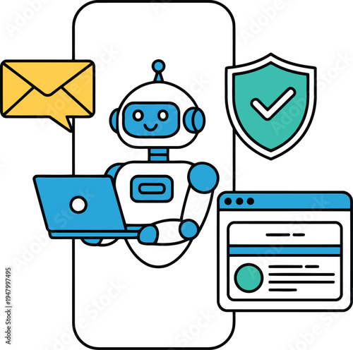 A robot is sitting on a phone with a laptop and email icons