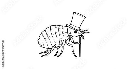 Quaint black and white illustration of a whimsical gentleman insect, a sophisticated pill bug wearing a top hat and holding a cane, exuding charming old-world elegance