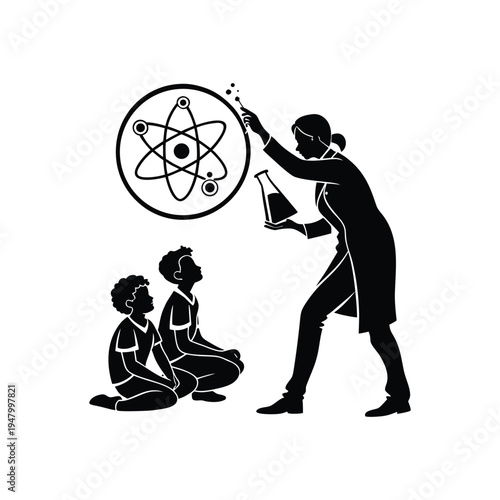 Scientist explaining a science experiment to two fascinated children with an atom symbol representing curiosity and scientific learning