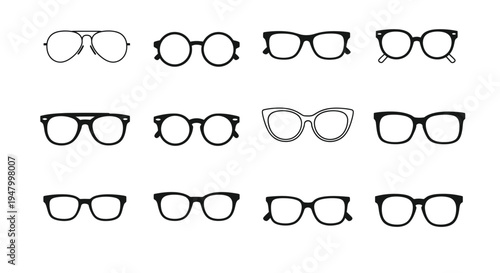 A comprehensive collection of twelve distinct and fashionable black outline eyeglasses frames, showcasing a wide range of modern and classic eyewear styles perfect for optical shops, fashion designers