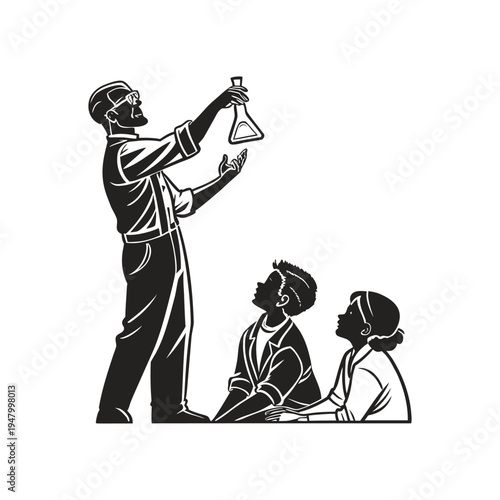 Teacher demonstrating a science experiment with a conical flask to two curious students during an interactive classroom science lesson