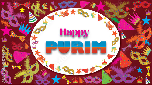 Happy Purim colorful celebration banner Jewish holiday festival mask party vector illustration.