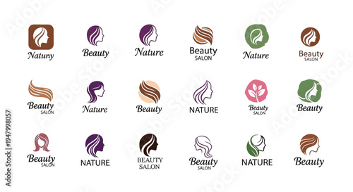 A versatile collection of minimalist beauty and nature-inspired logo designs for wellness brands, cosmetic companies, hair salons, and spa businesses, featuring elegant female profiles, flowing hair, 
