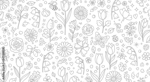 Charming black and white outline illustration depicting a dense, repeating pattern of various blooming spring flowers, delicate leaves, tiny hearts, and a busy little bee flying across the scene for c