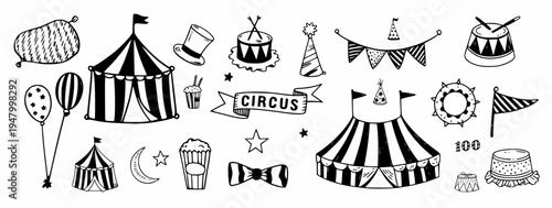 Circus Doodle Elements Set. Hand Drawn Carnival Festival Objects Including Tent, Balloons, Drum, Flags, Ticket, Cotton Candy and Sun.
