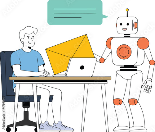 A robot and a man working together on a laptop