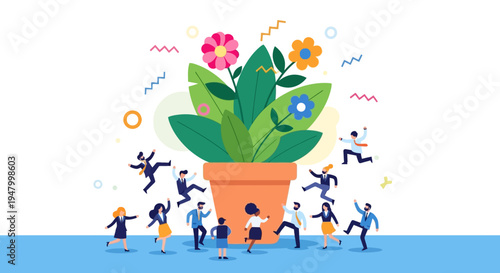 Diverse corporate team celebrating sustainable business growth and professional flourishing in a modern workplace culture illustration.