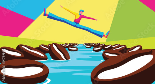 High-energy agile professional leaping over obstacles with caffeine-fueled momentum to drive business growth and creative productivity