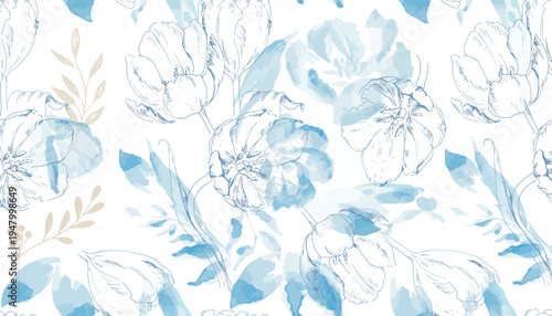 Elegant blue floral watercolor seamless pattern for fabric and wallpaper design