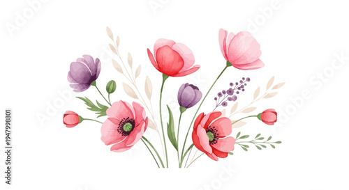 Watercolor tulips and anemones bouquet spring floral illustration isolated white background