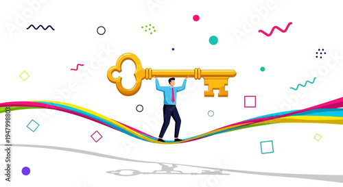 Professional business consultant balancing on a tightrope while carrying a golden key to unlock corporate success and strategic growth solutions