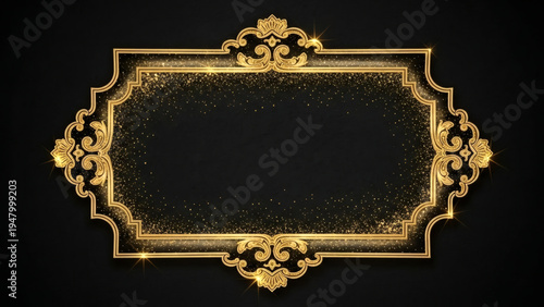 Golden ornate frame with glittering effect on black background for luxury and elegance, decorative border for photo or text, sophisticated design element