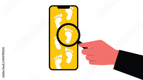  Conceptual illustration of smartphone biometric security with fingerprint footprints on mobile screen and pointing hand symbolizing digital privacy, user tracking, cybersecurity risk and mobile data 