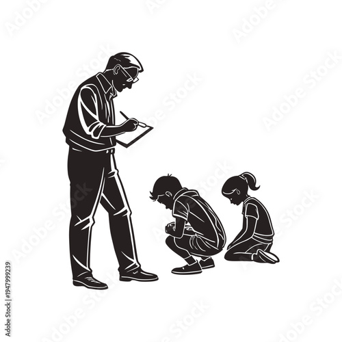 Strict teacher reprimanding two students kneeling in front of him illustrating discipline, classroom rules, and school authority