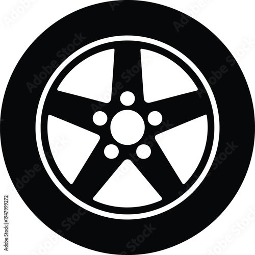 Car wheel icon with five spoke alloy rim and rubber tire vector illustration isolated on white background for automotive design.
