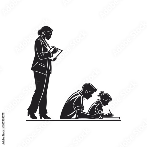 Teacher supervising students who are writing at their desks during a focused classroom study session in school