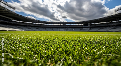 Empty soccer stadium field perspective with football field with wide angle with arena seats