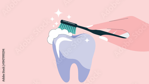 Dental hygiene illustration with sparkling clean tooth being brushed by hand with green bristle toothbrush and toothpaste foam, symbolizing oral care, health, cleanliness, and daily routineM  