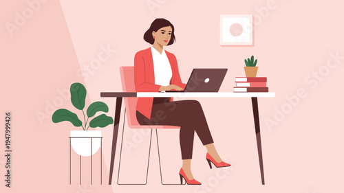Modern workspace illustration with woman in red blazer working on laptop at desk, surrounded by books, plants, and framed artwork, symbolizing productivity, focus, and professional lifestyle 