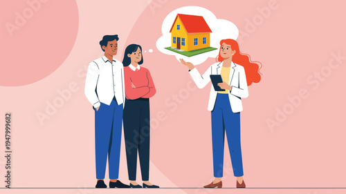 Real estate agent presenting a house to a couple with thought bubble property illustration, symbolizing home buying, property sales, and real estate consultation in modern vector design 