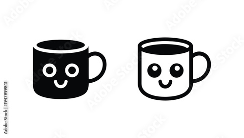  Two stylized coffee mugs with smiling faces in contrasting black and white designs, symbolizing friendship, warmth, positivity, and playful lifestyle in modern vector illustration