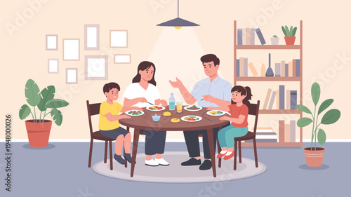 Cozy family of four sharing a meal at a dining table in a warm home interior with bookshelves, plants, and framed pictures, symbolizing togetherness, love, and family bonding illustration 