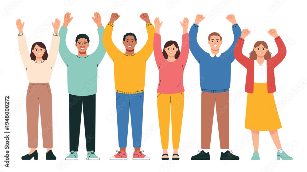 Fototapeta premium Six diverse people standing side by side with arms raised in joyful celebration, symbolizing unity, enthusiasm, teamwork, and community engagement in modern vector illustration