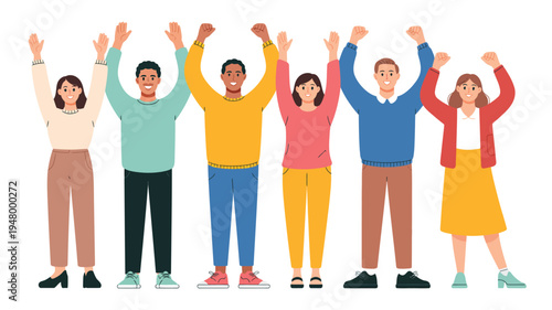  Six diverse people standing side by side with arms raised in joyful celebration, symbolizing unity, enthusiasm, teamwork, and community engagement in modern vector illustration