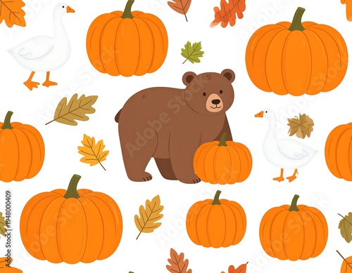 Whimsical pattern featuring a bear, pumpkins, geese, and autumnal leaves on a white background, creating a cozy fall ambiance