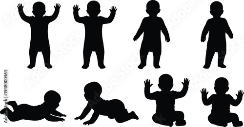 Collection of baby silhouettes showing infant standing, crawling and sitting poses isolated on white background, childhood development and parenting concept illustration set