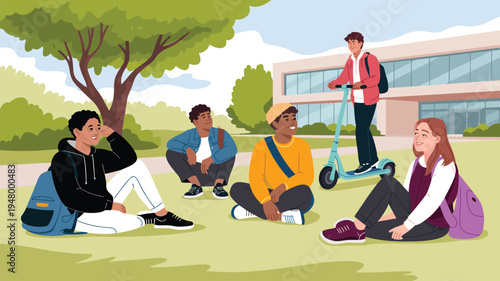 Group of five young students socializing outdoors near a modern building, with backpacks and an electric scooter, symbolizing education, leisure, friendship, and campus community lifestyle illustrati 