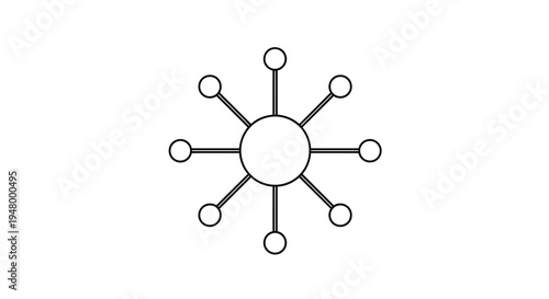 Simple black and white line art graphic representing a central hub connecting to multiple peripheral nodes