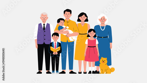  Three‑generation family portrait with grandparents, parents, children, and pet cat, symbolizing unity, love, diversity, and generational bonding in modern vector illustration for family themes
