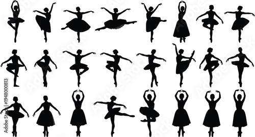 Collection of ballet dancer silhouettes featuring elegant ballerina poses and classical dance movements isolated on white background, graceful choreography reference for art and design