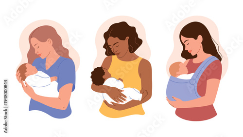  Three diverse women holding babies in nurturing poses, showcasing maternal care, bonding, and early childhood parenting, symbolizing love, diversity, and family unity in modern vector illustration