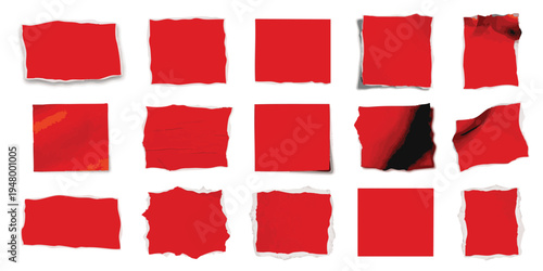 Set of red torn paper pieces with ragged edges and shadow effects isolated on white background vector illustration